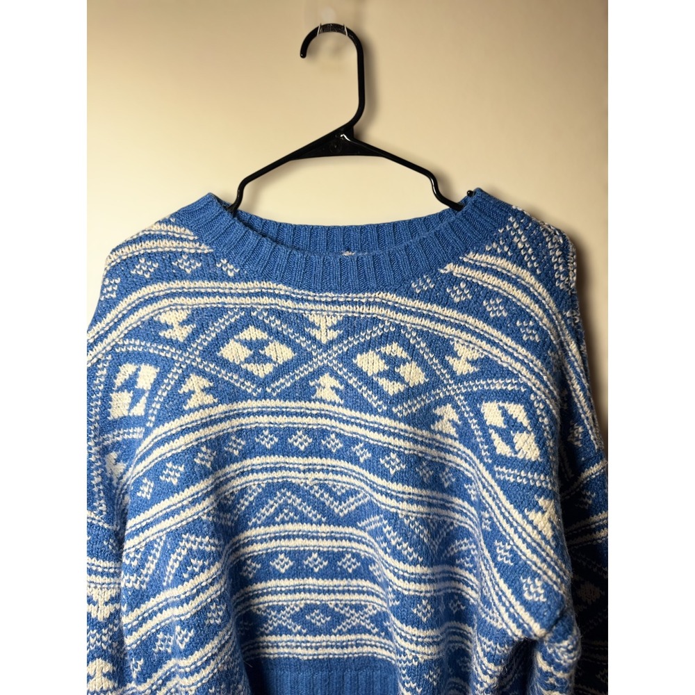 Vtg AMERICAN EAGLE Cable Knit Fair Isle Sweater M Cozy Blue‎ White Fisherman Ski - Picture 2 of 6